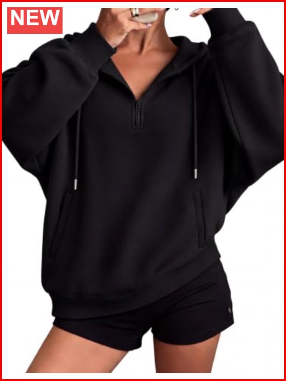 Oversized Half Zip Hoodie Pullover Drawstring Elastic Waist